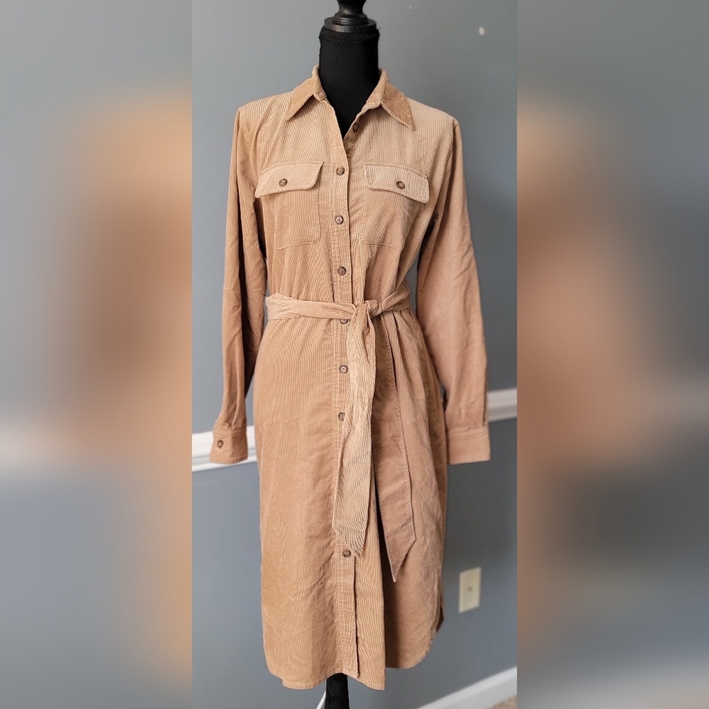 Lauren Ralph Lauren Tan Corduroy Shirt Dress with Tie Waist